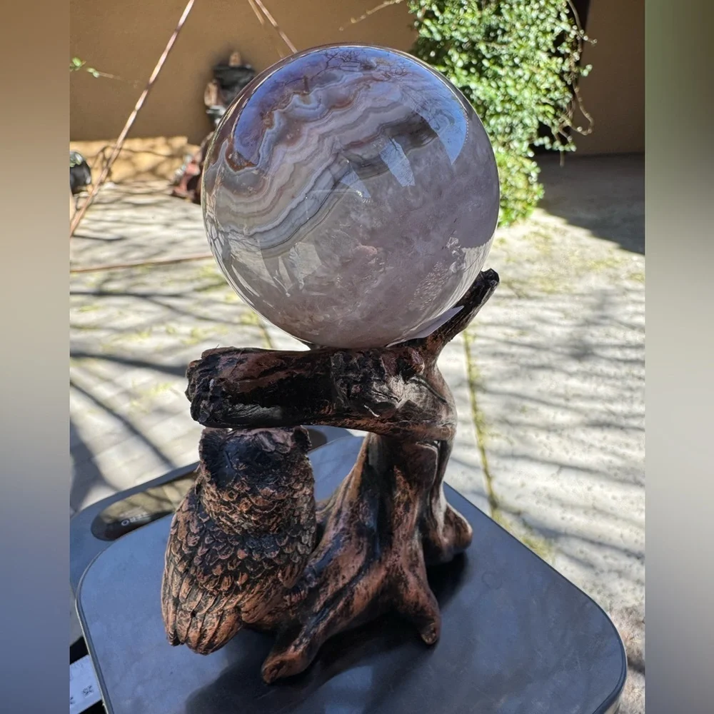 Crazy Lace Amethyst Agate Sphere on Owl Stand - Picture 5 of 6
